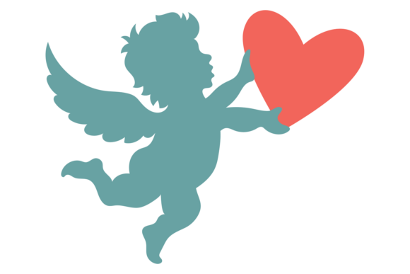 Cupid Hold Red Heart. Wedding Angel Silh