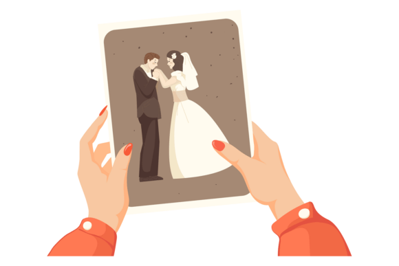 Old Wedding Photo in Female Hands. Memor